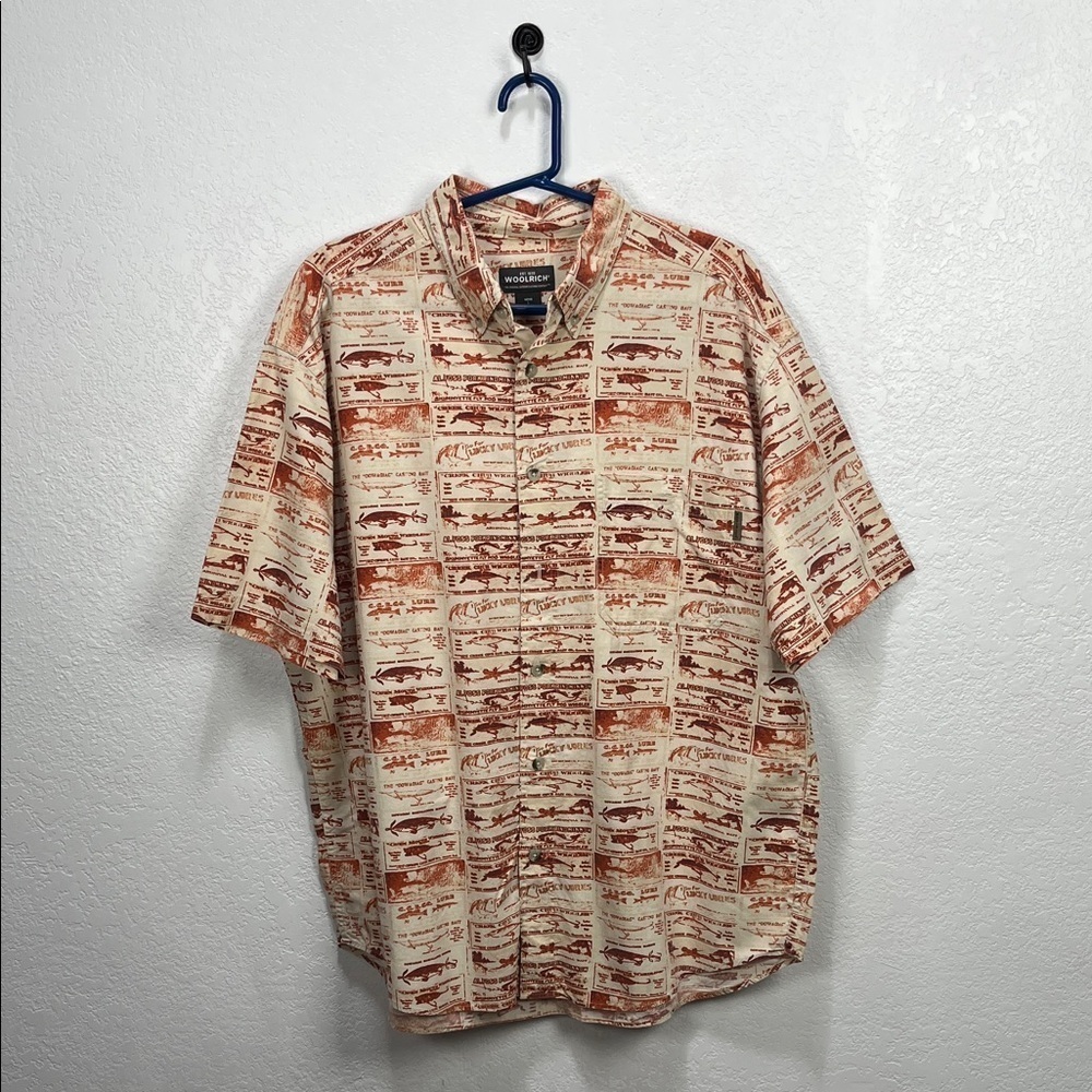Vintage Woolrich Men’s Fishing Lures Button Down Short Sleeve Shirt Sz L TC0062